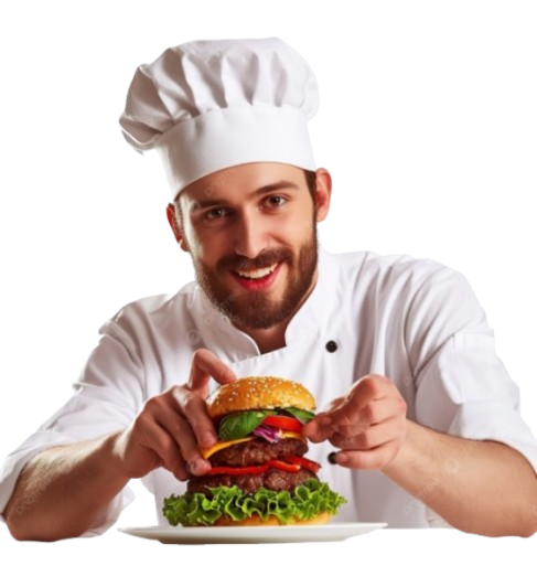Imagem de um chef com barba e toca na cabeça e preparando um hamburguer